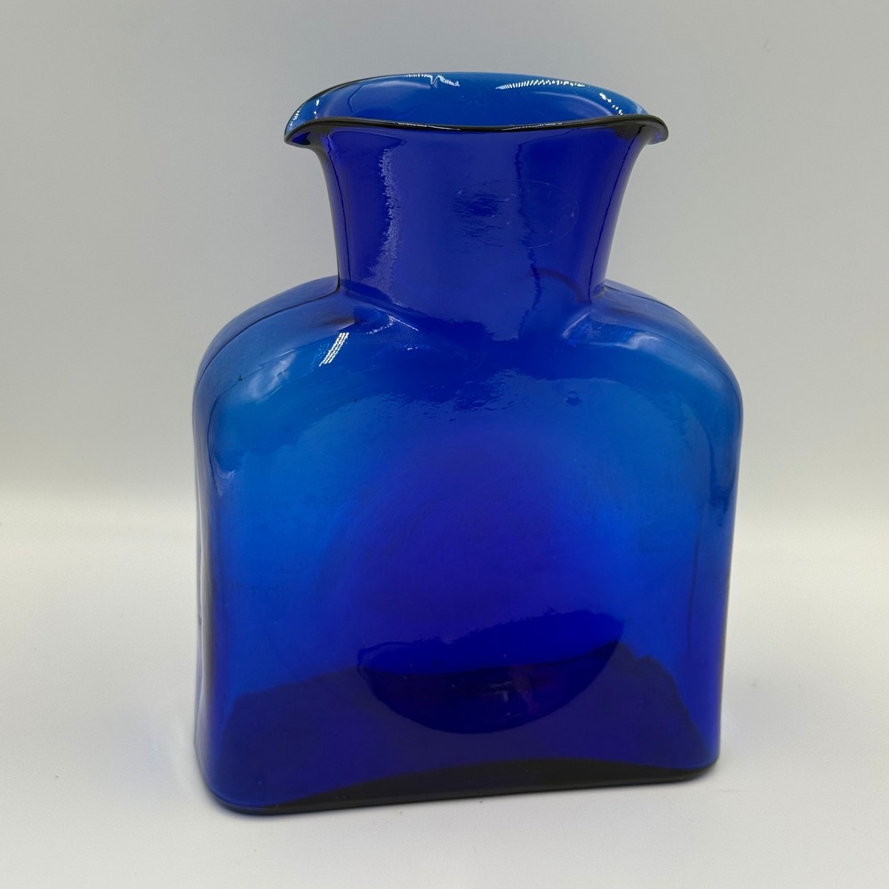 Vintage Blenko Cobalt Blue Hand Blown Glass Water Bottle 2003 Etched Mark